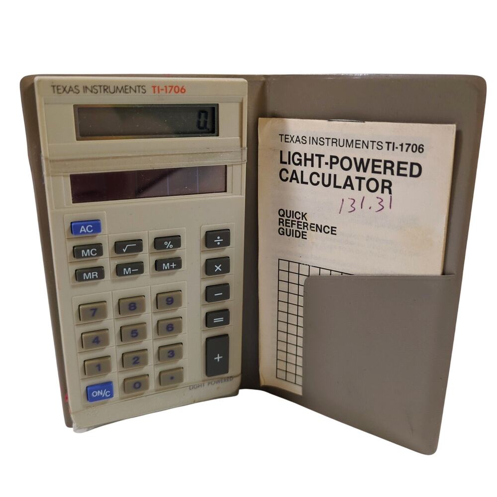 Vintage Texas Instruments TI-1706 Solar Calculator Light Powered Manual Case
